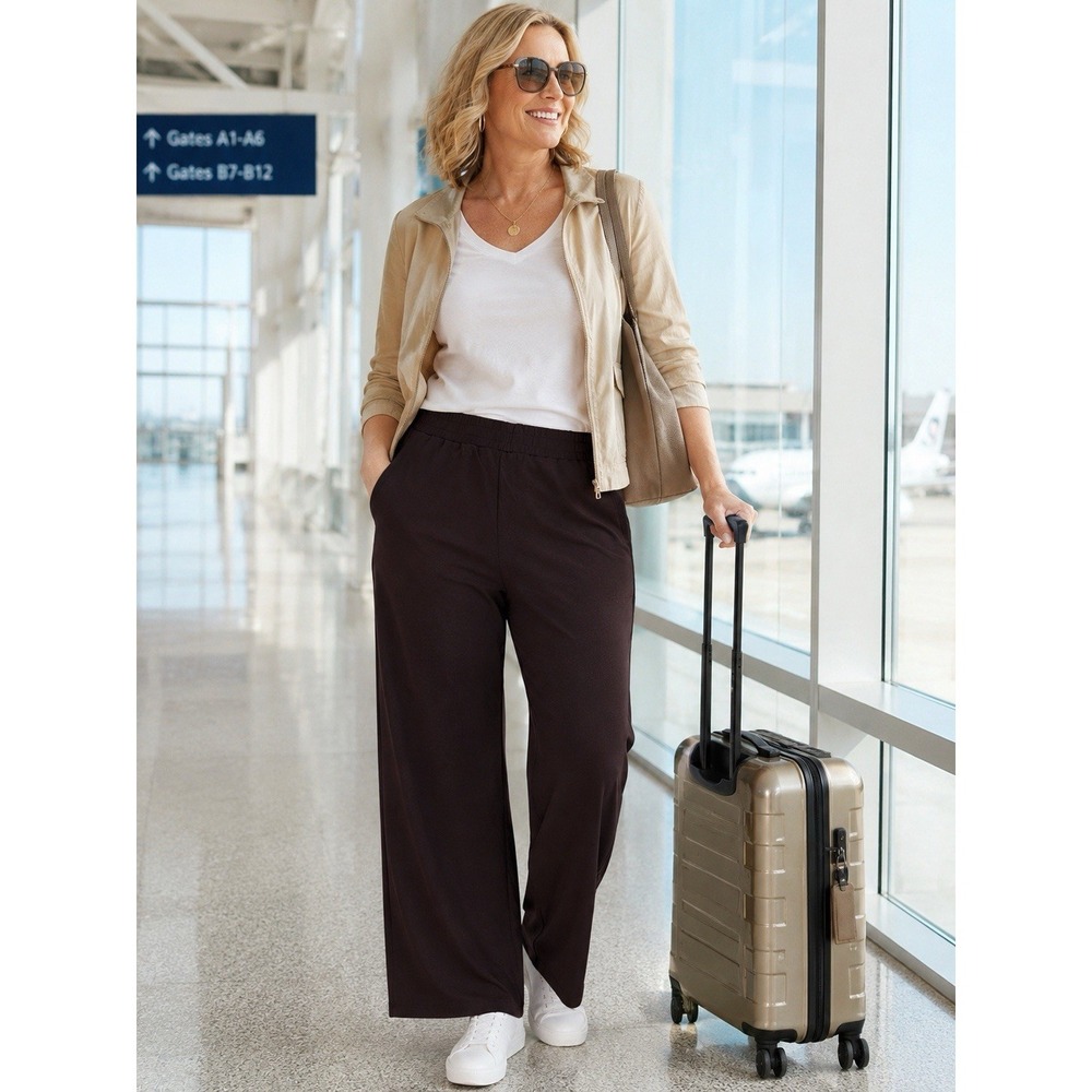 Belle by Kim Gravel XL Brown Pull-On Knit Pants Wide Leg Stretch Casual Travel